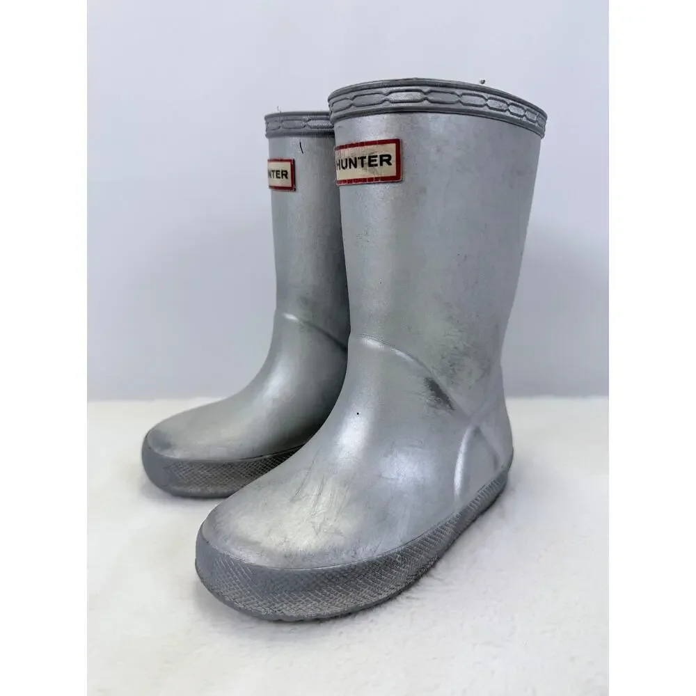 Hunter Kids Original First Classic Metallic Silver Rain Boots Size 8